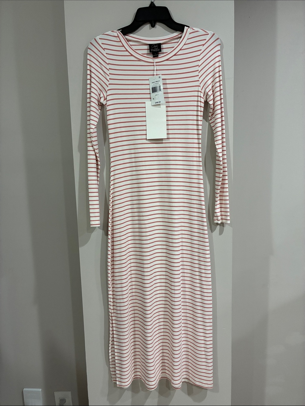 Oak & Trellis NWT Striped Long Sleeve Midi Dress - Pink Coral / White